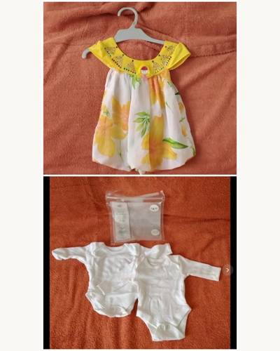 Vestido y dos bodis blancos bebé recién nacido